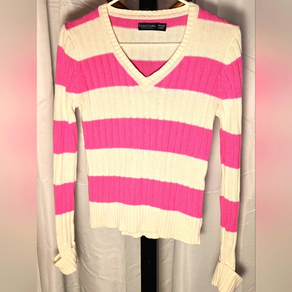 Faded Glory Pink and‎ Cream Striped Sweater